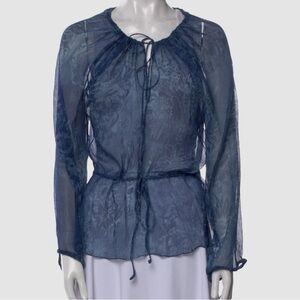 Ralph Lauren Black Label Top Women Blue Floral Blouse Sheer Keyhole Neck Sz 8